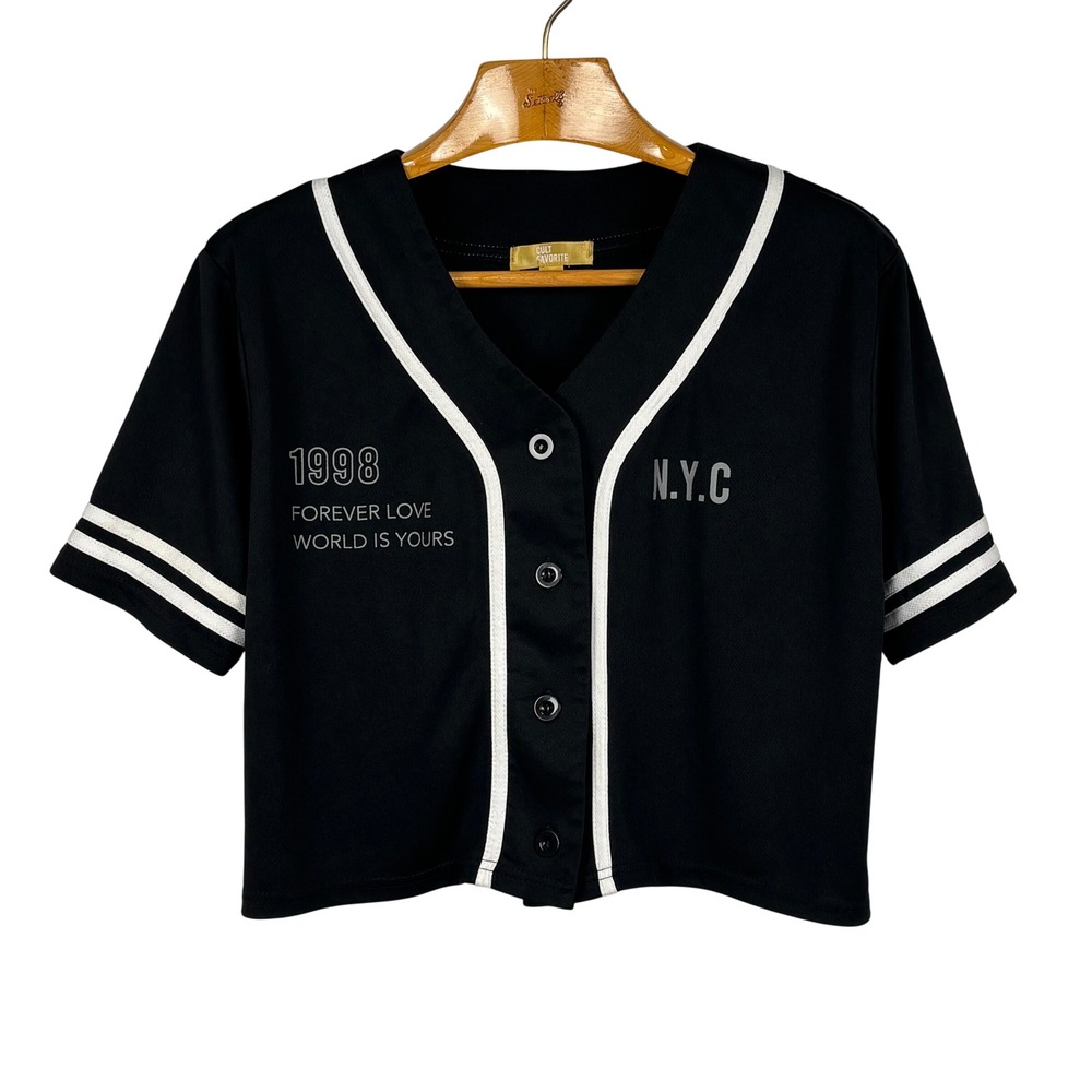 Cult Favorite NYC‎ Brooklyn Baseball Jersey Crop Top Black Button Front Size L